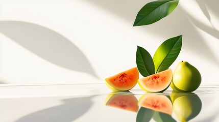 Watermelon slices, pomelo, and leaves with shadow reflections on white background.