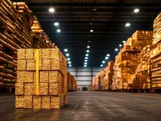 Industrial Symmetry: Neatly Stacked Metallic Piping in Warehouse Surrounded by Textured Surfaces