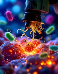Microscope's Fiery Assault: Targeting Cellular Bacteria in Vivid Sci-Fi Art