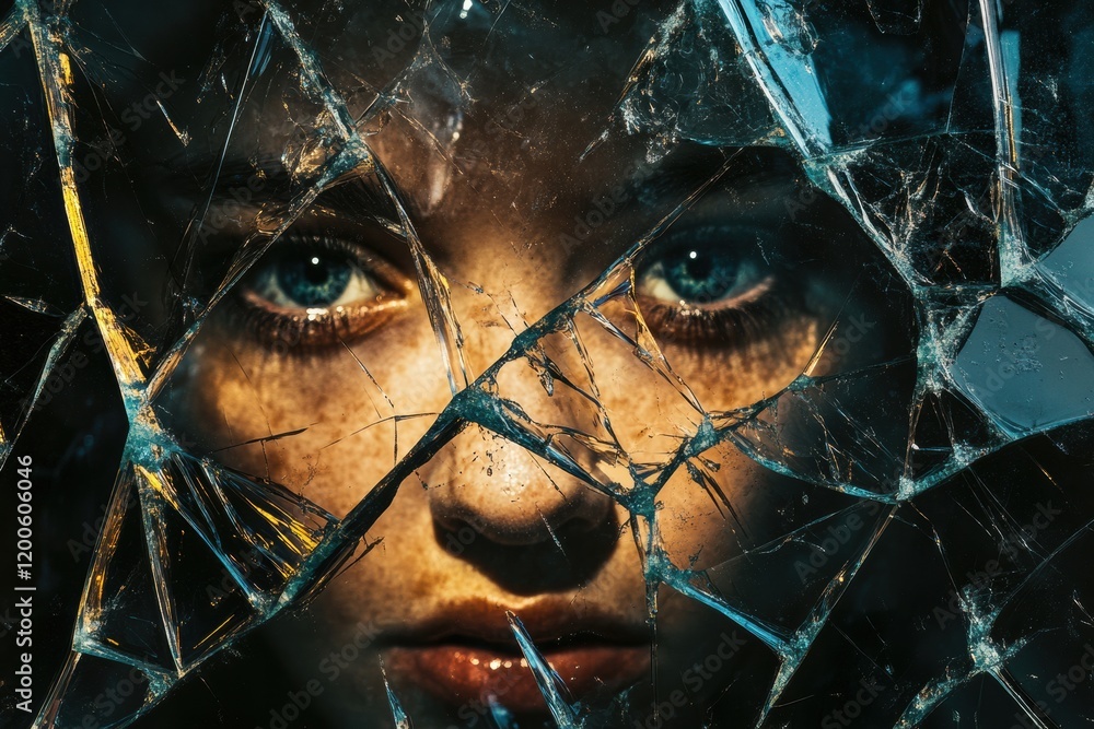 Poster shattered glass reveals fragmented reflections of a person’s face in a dark, moody setting with brig