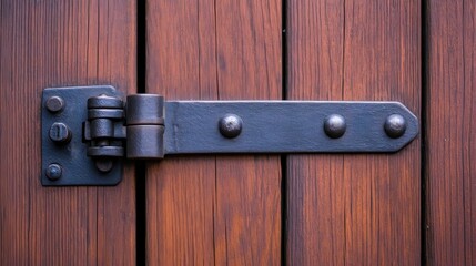 A close-up of a sturdy metal hinge on a wooden door, showcasing craftsmanship and functionality.