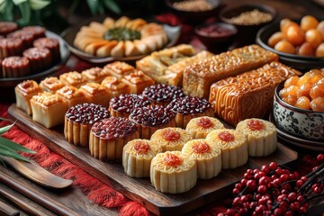 Assorted Traditional Mooncakes Beautifully Displayed on a Wooden Tray Surrounded by Elegant Decor and Delicious Accompaniments for Celebrating Festivals