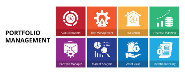 Portfolio Management Glyph Solid Banner Web Icon Set Vector Illustration, Asset Allocation Risk Management Investment Financial Planning Portfolio Manager Market Analysis Asset Class Investment Policy