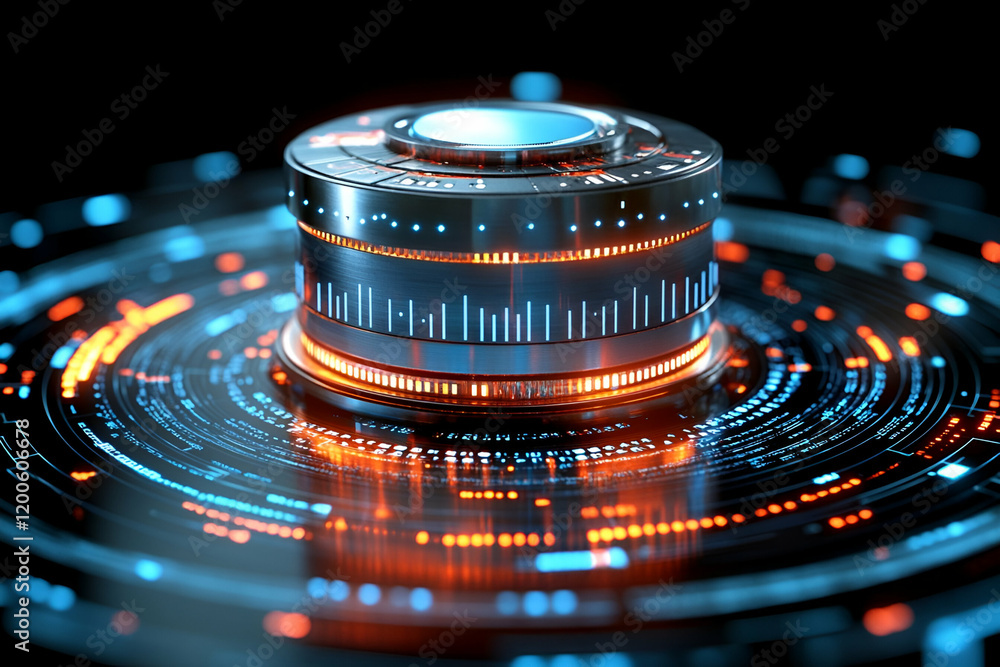 Poster futuristic data core rotating, digital interface