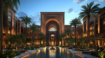 Obraz premium Moroccan resort courtyard sunset luxury