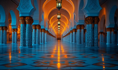 Mosque hallway, Arabian architecture, night, travel, serenity