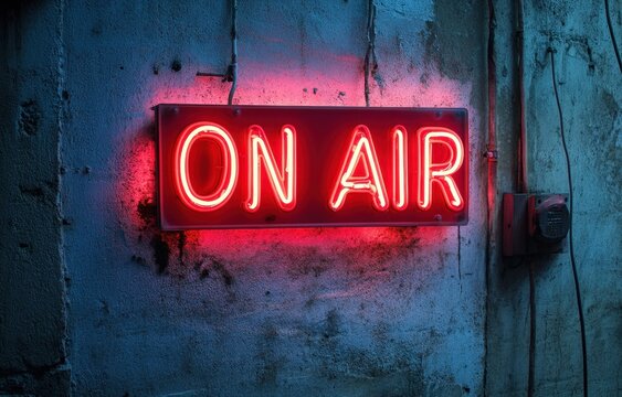 On air neon sign studio setting digital content urban environment close-up view concept of broadcasting