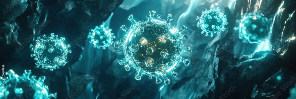 Poster strong glowing wall effectively deflects viruses during a health crisis in a futuristic lab environm