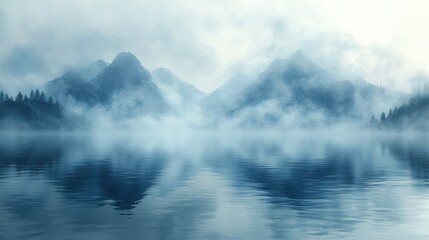 Fototapeta premium Ethereal Landscape Soft Blue Mist Reflections Chiaroscuro Lighting Minimalistic Horizon Digital Art