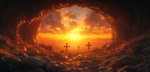 Cave Entrance with Golden Light and Silhouetted Crosses at Sunset