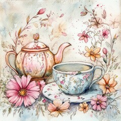 a watercolor painting of a teapot and cup with flowers arranged in a gentle and peaceful spring tea setting