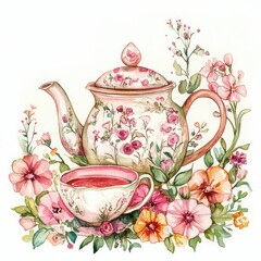 a watercolor painting of a teapot and cup with flowers arranged in a gentle and peaceful spring tea setting