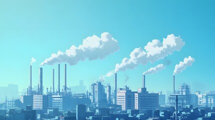 Industrial Cityscape Smokestacks Emit Plumes Of Smoke