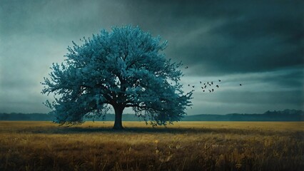 Solitary Teal Tree in a Golden Field under a Stormy Sky