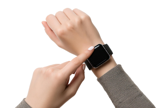 top view of hands wearing and touch black smartwatch isolated on white background
