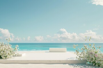 Detailed Visual  of Minimalist Beach Podium on Sandy Beach with Blue Skies and Flowers