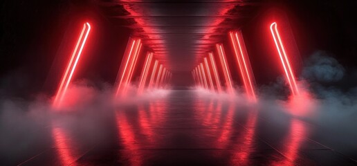 Glowing Neon Red Tunnel Corridor with Vibrant Retro Future Ambiance in Dark Underground Garage Sci-Fi Environment