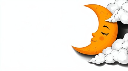 Obraz premium A cheerful, cartoonish moon with a smiling face peeks out from fluffy clouds against a light background.