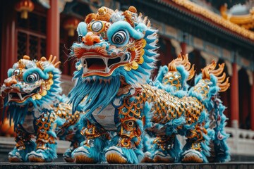 Obraz premium Colorful and Majestic Chinese Lion Statues in Traditional Architecture Setting, Showcasing Cultural Heritage and Artistic Craftsmanship in a Historical Location