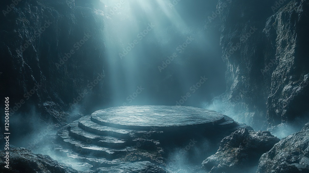 Poster stone rock platform display showcase dramatic lighting geometric design background minimalist black 