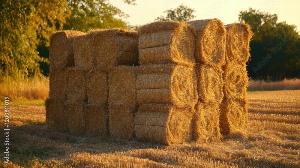 Poster stunning sunset illuminating stacked hay bales in a golden field surrounded by trees. generative ai