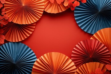 Colorful Paper Decor with Orange, Blue and Red Elements on a Warm Red Background for Celebrations, Parties, and Creative Design Projects