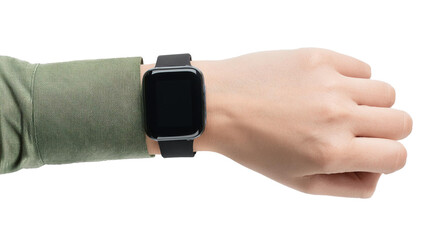 top view of hand in green shirt wearing black smartwatch isolated on white background
