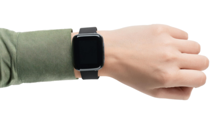 top view of hand in green shirt wearing black smartwatch isolated on white background