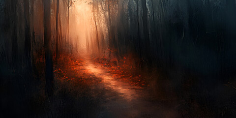 Blurry Forest Trail Lit by Warm Sunlight