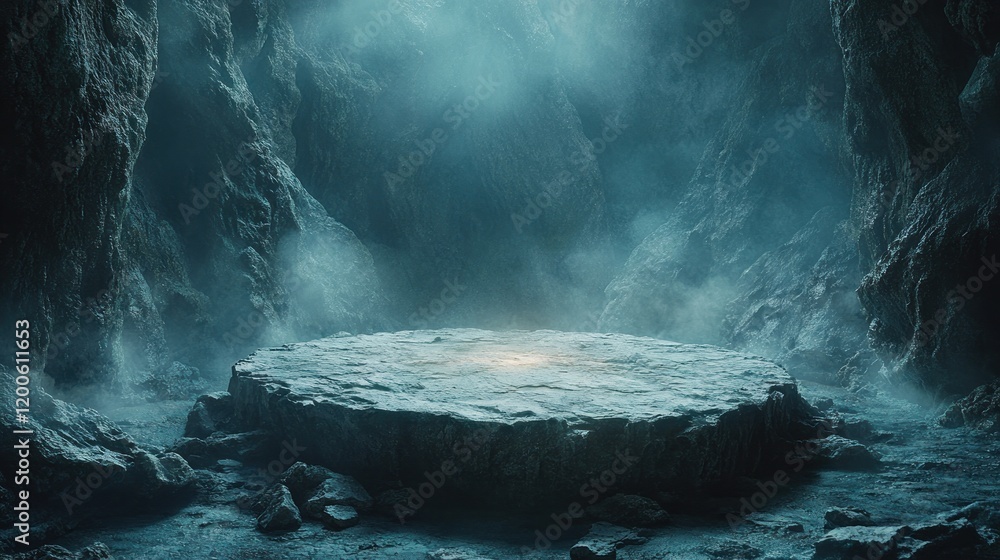Poster stone platform in dark cave setting with ethereal lighting and chiaroscuro contrast
