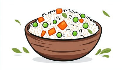A colorful bowl of rice adorned with green peas and diced carrots, surrounded by fresh herbs, depicting a healthy and appetizing meal.