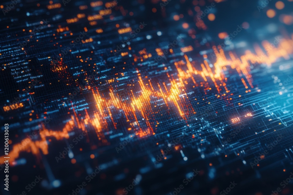 Poster abstract digital data stream, glowing orange lines on dark blue grid. ideal for tech, finance, or ai