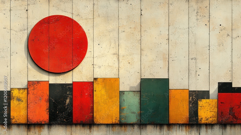 Poster abstract composition featuring a large red circle and colorful geometric shapes.