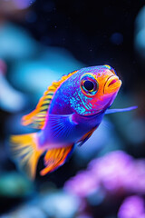 Vibrant tropical fish with vivid colors of blue, orange, and purple swimming gracefully in an aquarium, surrounded by soft coral and bubbles.