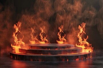 Ultra Quality Picture of Empty Podium Stage with Flames and Smoke Background