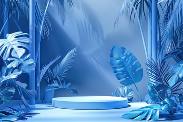 Vibrant Color Image of 3D Blue Tropical Leaf Podium Product Display Background Landscape