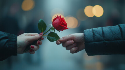 Valentine Theme, Romantic moment with red rose being exchanged between two hands