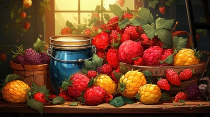 A bountiful still life of vibrant raspberries and grapes in wooden containers near window