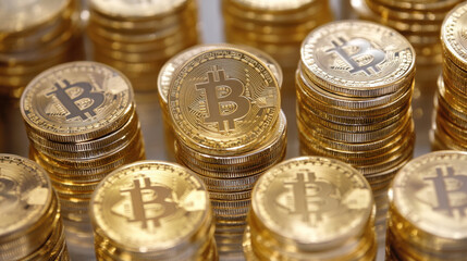 Gold coins with Bitcoin symbols stacked in visually appealing arrangement, showcasing cryptocurrency value and popularity. image evokes sense of wealth and investment potential