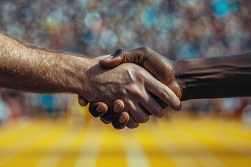 Two diverse hands clasp in firm handshake. Illustrates unity, cooperation, and overcoming differences.