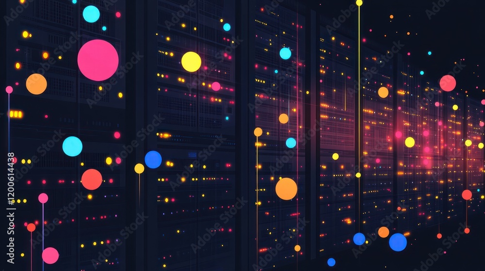 Poster colorful data streams flow through server racks.