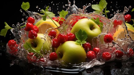 Fresh fruits in water splash with black background, showcasing apples cherries and lemon