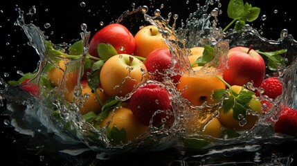 Fresh fruit assortment with dynamic water splash effect on a black background © syahrial