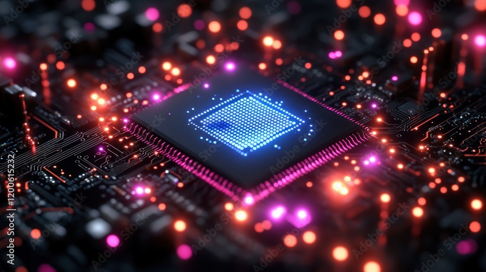 Poster futuristic microchip design cyberpunk style quantum computer circuitry