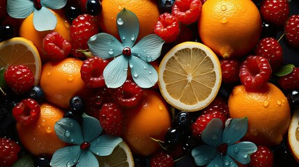 Close-up of vibrant citrus fruits and berries with delicate blue floral accents