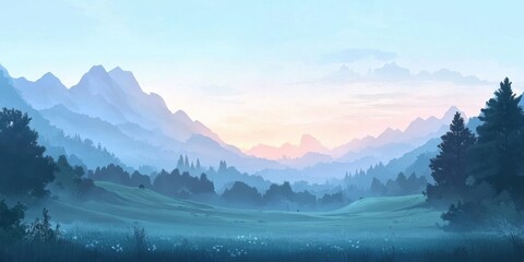 Obraz premium Serene Sunrise Over Misty Mountain Valley Landscape