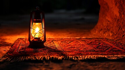 Glowing kerosene lamp on ornate rug in cave.
