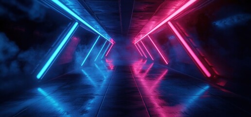 Futuristic Cyberpunk Corridor Neon Lights Abstract 3D Rendering Dark Space Colorful Laser Show Club Stage Tunnel