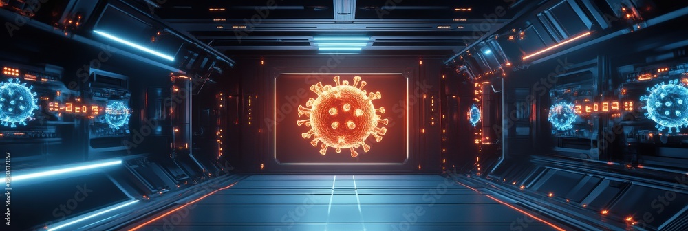 Poster strong glowing wall effectively deflects viruses in a futuristic environment. generative ai