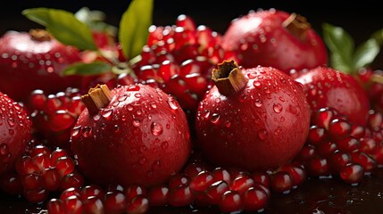 Close-up of Fresh Pomegranates with Water Droplets and Seeds on a Dark Surface